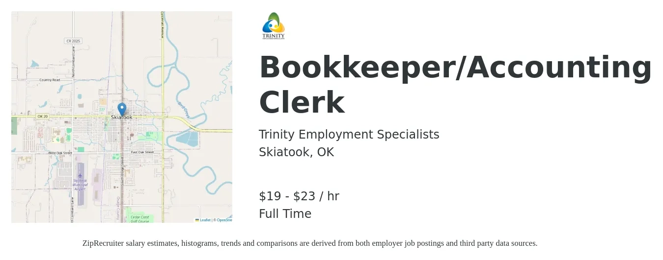 Trinity Employment Specialists job posting for a Bookkeeper/Accounting Clerk in Skiatook, OK with a salary of $20 to $24 Hourly with a map of Skiatook location.