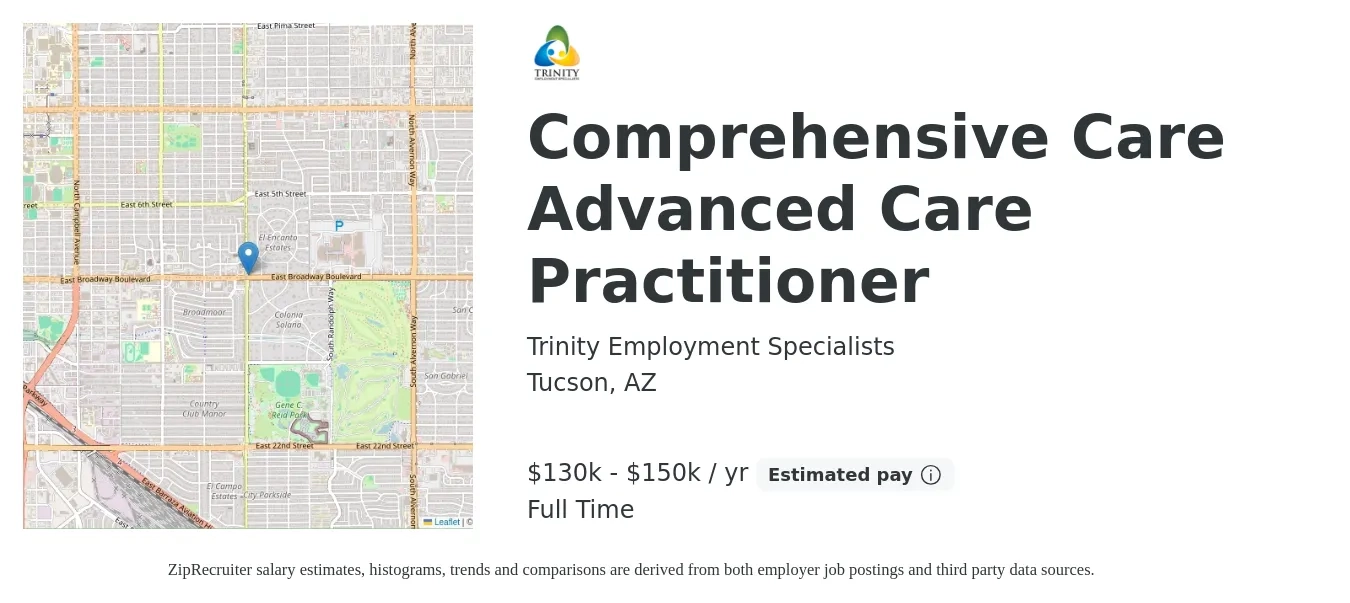 Trinity Employment Specialists job posting for a Comprehensive Care Advanced Care Practitioner in Tucson, AZ with a salary of $125,000 to $135,000 Yearly with a map of Tucson location.