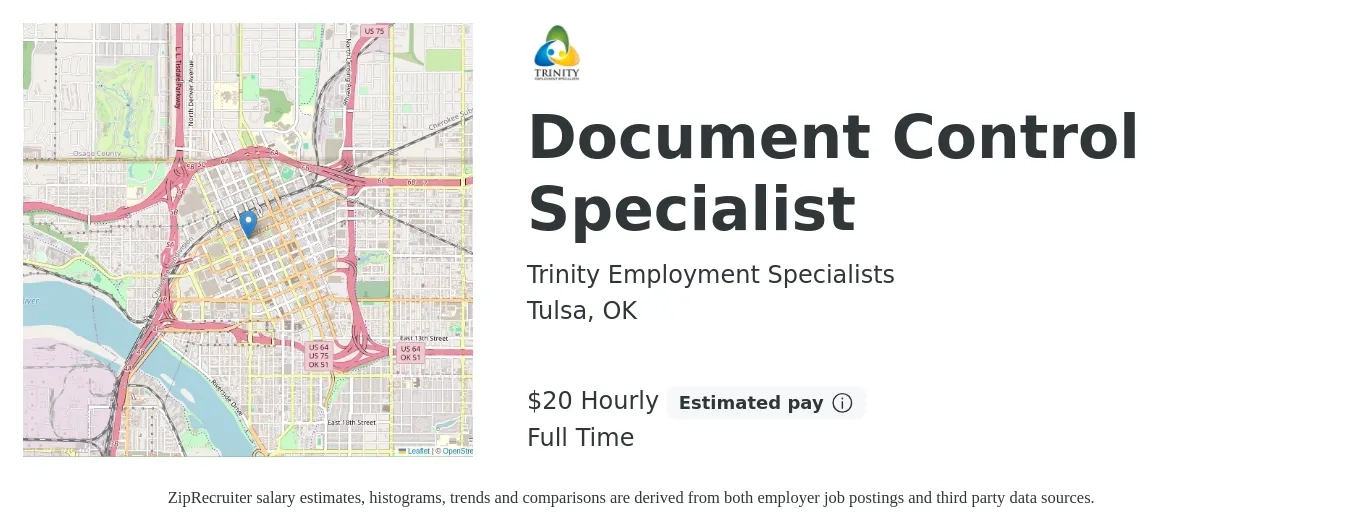 Trinity Employment Specialists job posting for a Document Control Specialist in Tulsa, OK with a salary of $21 Hourly with a map of Tulsa location.