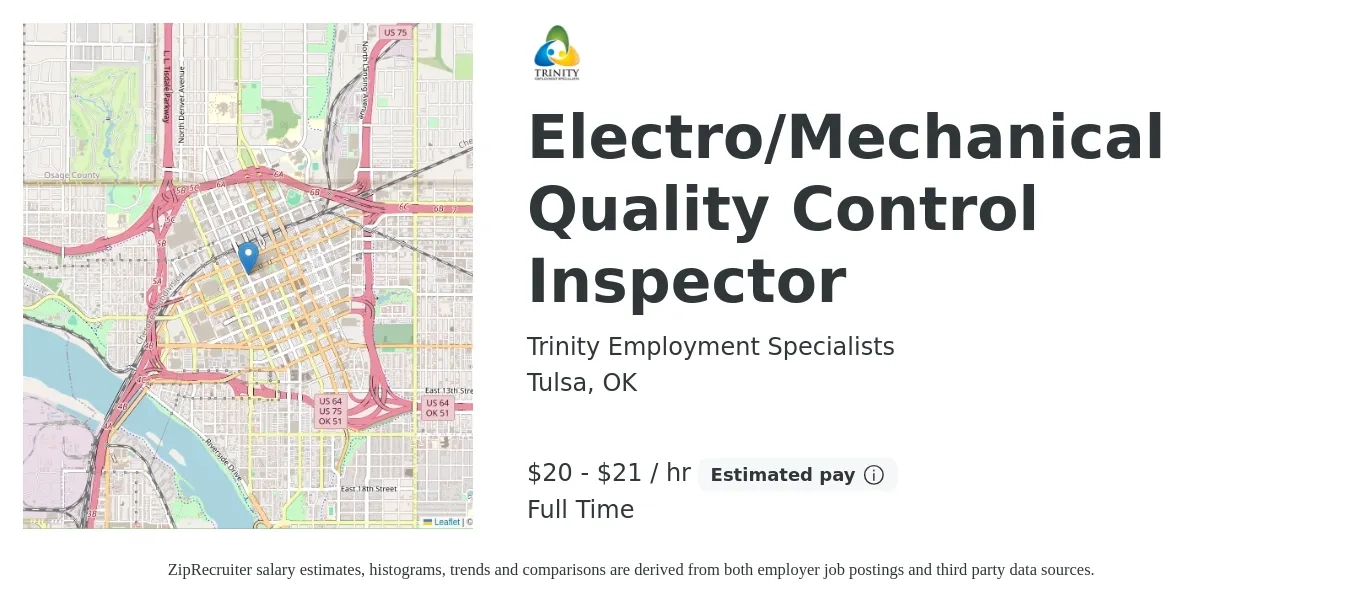 Trinity Employment Specialists job posting for a Electro/Mechanical Quality Control Inspector in Tulsa, OK with a salary of $22 to $24 Hourly with a map of Tulsa location.