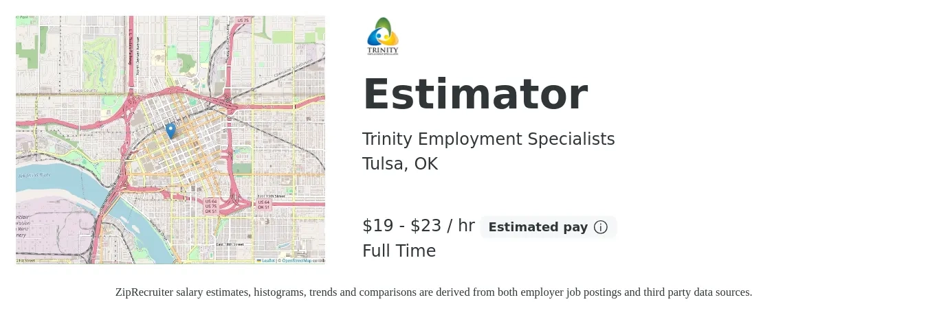 Trinity Employment Specialists job posting for a Estimator in Tulsa, OK with a salary of $20 to $24 Hourly with a map of Tulsa location.