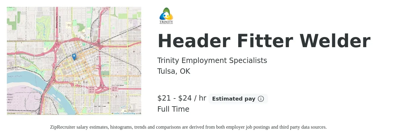 Trinity Employment Specialists job posting for a Header Fitter Welder in Tulsa, OK with a salary of $22 to $25 Hourly with a map of Tulsa location.