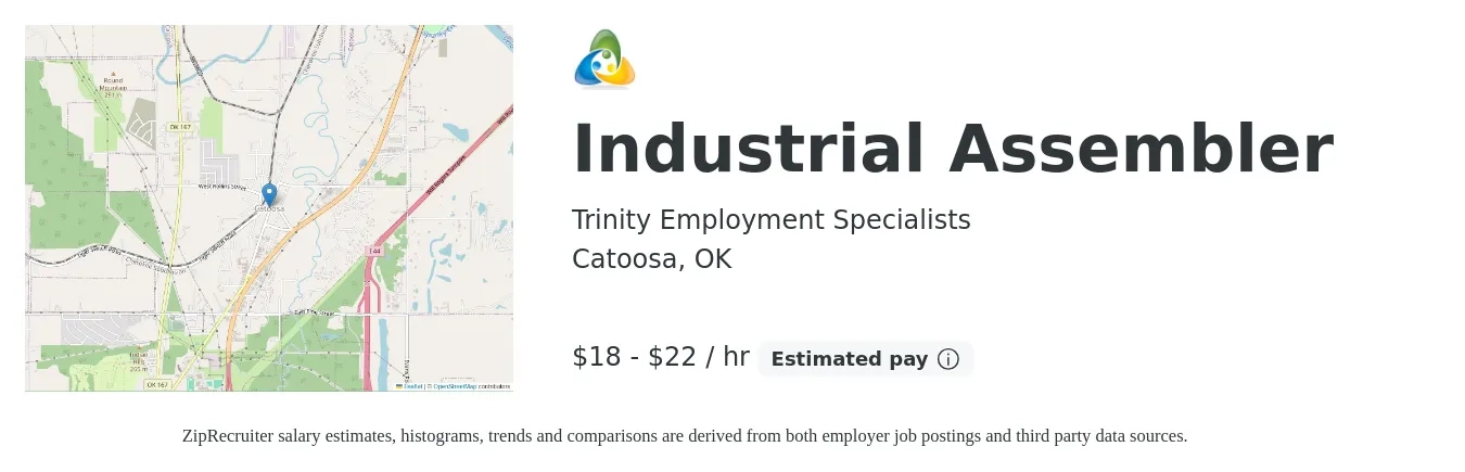Trinity Employment Specialists job posting for a Industrial Assembler in Catoosa, OK with a salary of $20 to $26 Hourly with a map of Catoosa location.