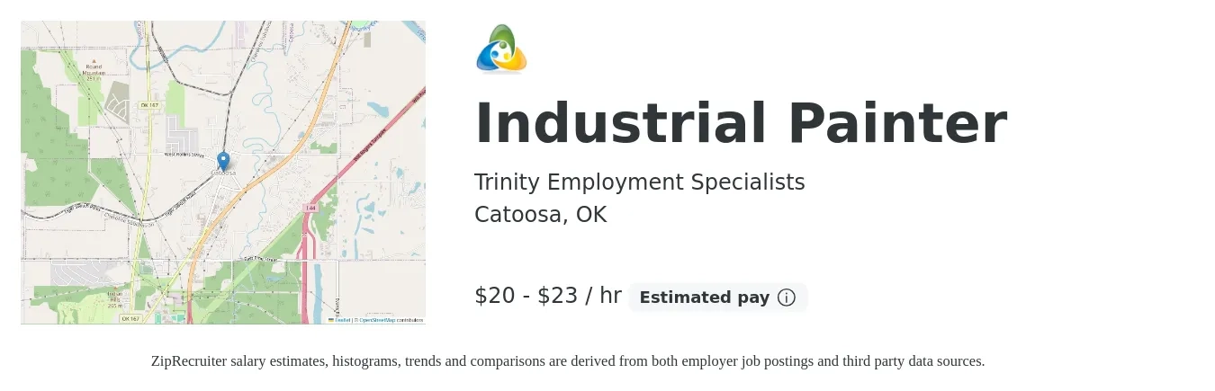 Trinity Employment Specialists job posting for a Industrial Painter in Catoosa, OK with a salary of $21 to $24 Hourly with a map of Catoosa location.