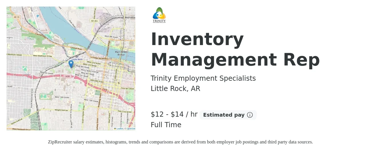 Trinity Employment Specialists job posting for a Inventory Management Rep in Little Rock, AR with a salary of $14 to $15 Hourly with a map of Little Rock location.