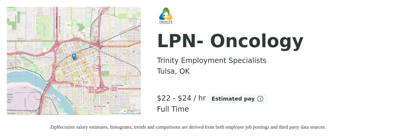 Trinity Employment Specialists job posting for a LPN- Oncology in Tulsa, OK with a salary of $23 to $25 Hourly with a map of Tulsa location.