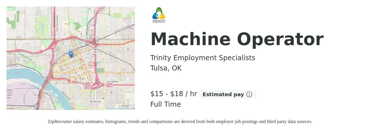Trinity Employment Specialists job posting for a Machine Operator in Tulsa, OK with a salary of $16 to $19 Hourly with a map of Tulsa location.