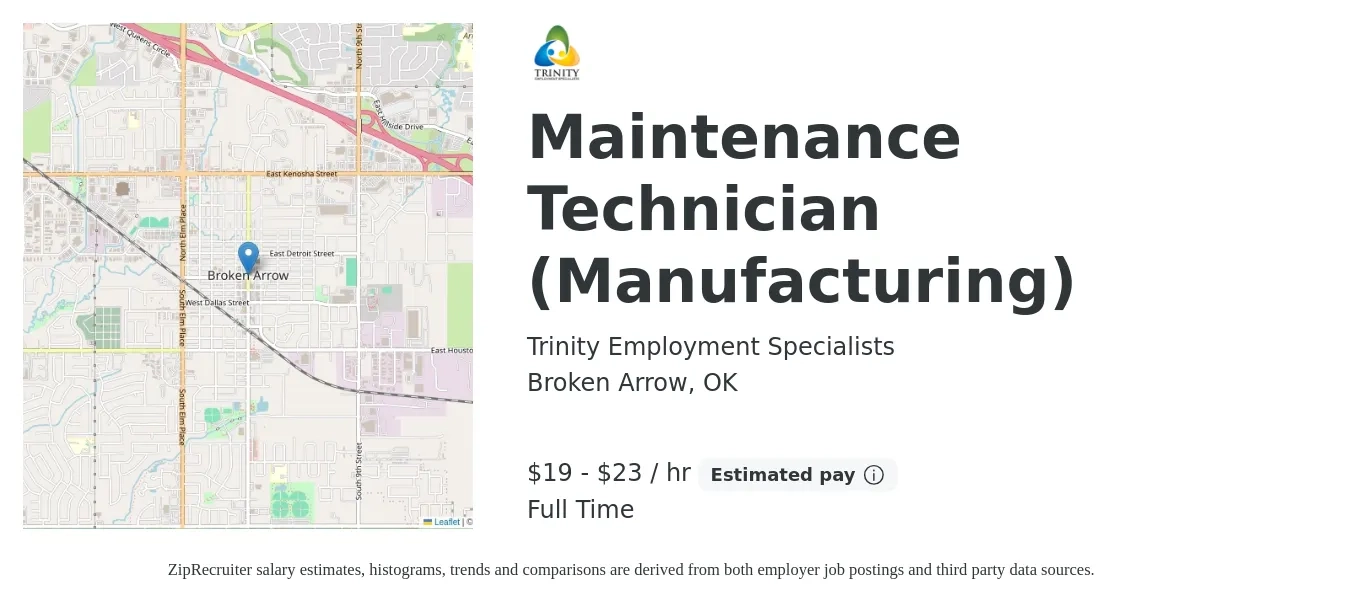 Trinity Employment Specialists job posting for a Maintenance Technician (Manufacturing) in Broken Arrow, OK with a salary of $20 to $24 Hourly with a map of Broken Arrow location.