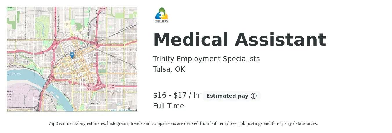 Trinity Employment Specialists job posting for a Medical Assistant in Tulsa, OK with a salary of $16 to $20 Hourly with a map of Tulsa location.
