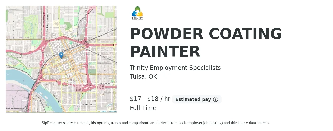 Trinity Employment Specialists job posting for a POWDER COATING PAINTER in Tulsa, OK with a salary of $18 to $19 Hourly with a map of Tulsa location.