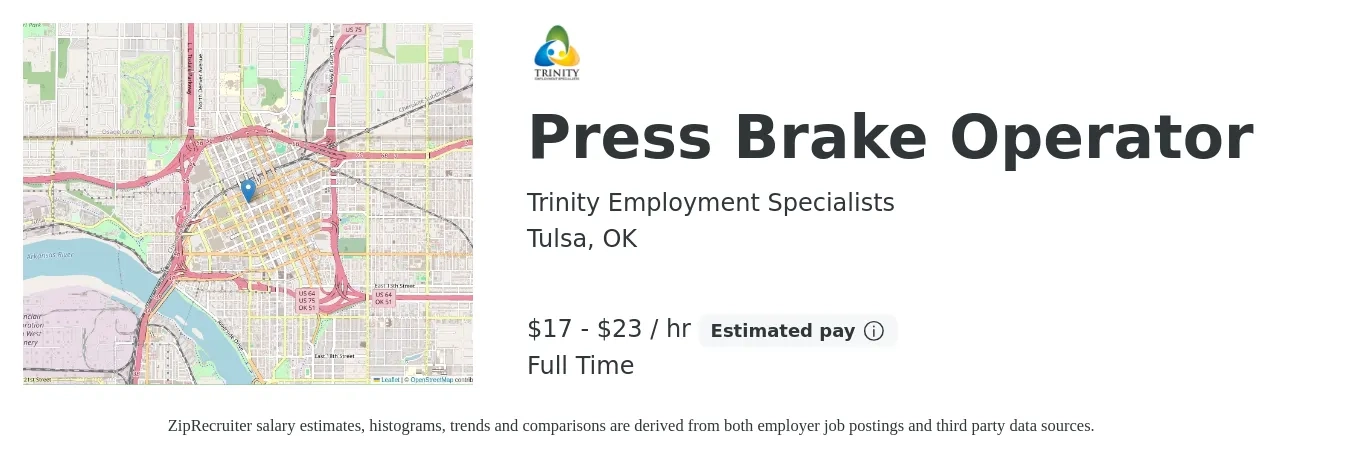 Trinity Employment Specialists job posting for a Press Brake Operator in Tulsa, OK with a salary of $18 to $24 Hourly with a map of Tulsa location.