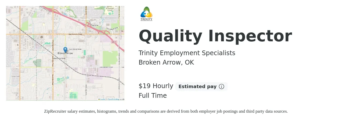 Trinity Employment Specialists job posting for a Quality Inspector in Broken Arrow, OK with a salary of $20 Hourly with a map of Broken Arrow location.