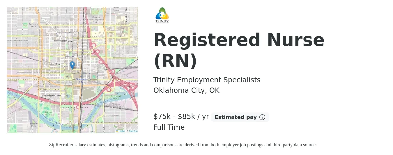 Trinity Employment Specialists job posting for a Registered Nurse (RN) in Oklahoma City, OK with a salary of $75,000 to $85,000 Yearly with a map of Oklahoma City location.