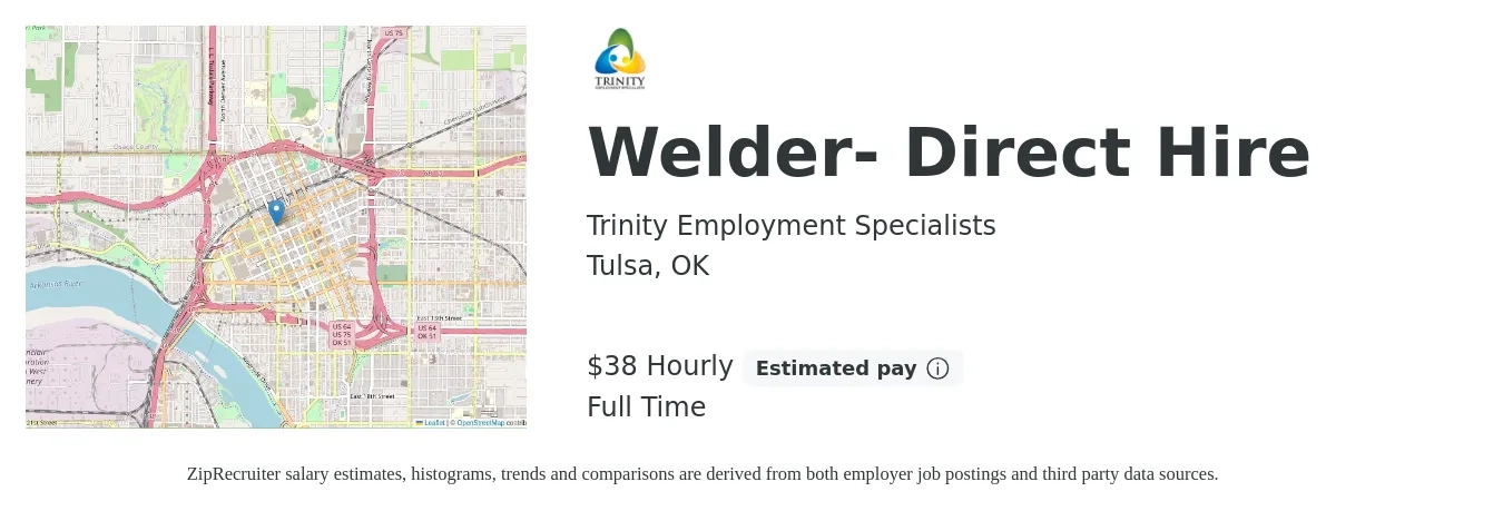Trinity Employment Specialists job posting for a Welder- Direct Hire in Tulsa, OK with a salary of $40 Hourly with a map of Tulsa location.