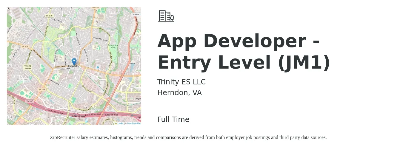 Trinity ES LLC job posting for a App Developer - Entry Level (JM1) in Herndon, VA with a salary of $45 to $65 Hourly with a map of Herndon location.