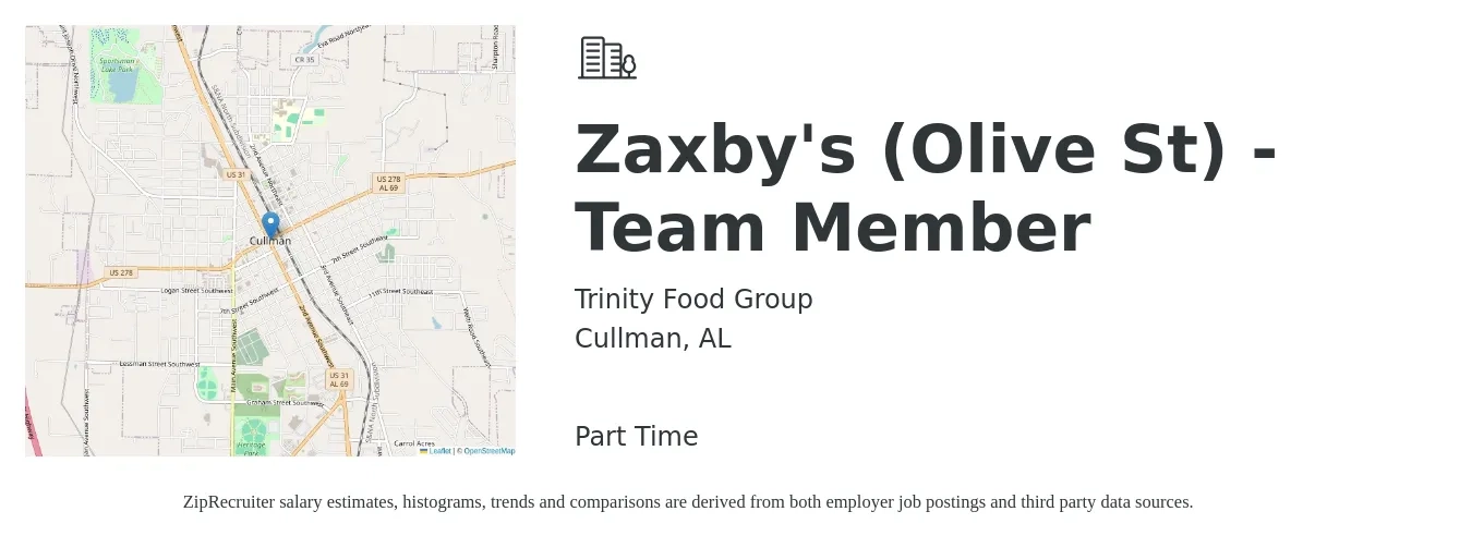 Trinity Food Group job posting for a Zaxby's (Olive St) - Team Member in Cullman, AL with a salary of $12 Hourly with a map of Cullman location.