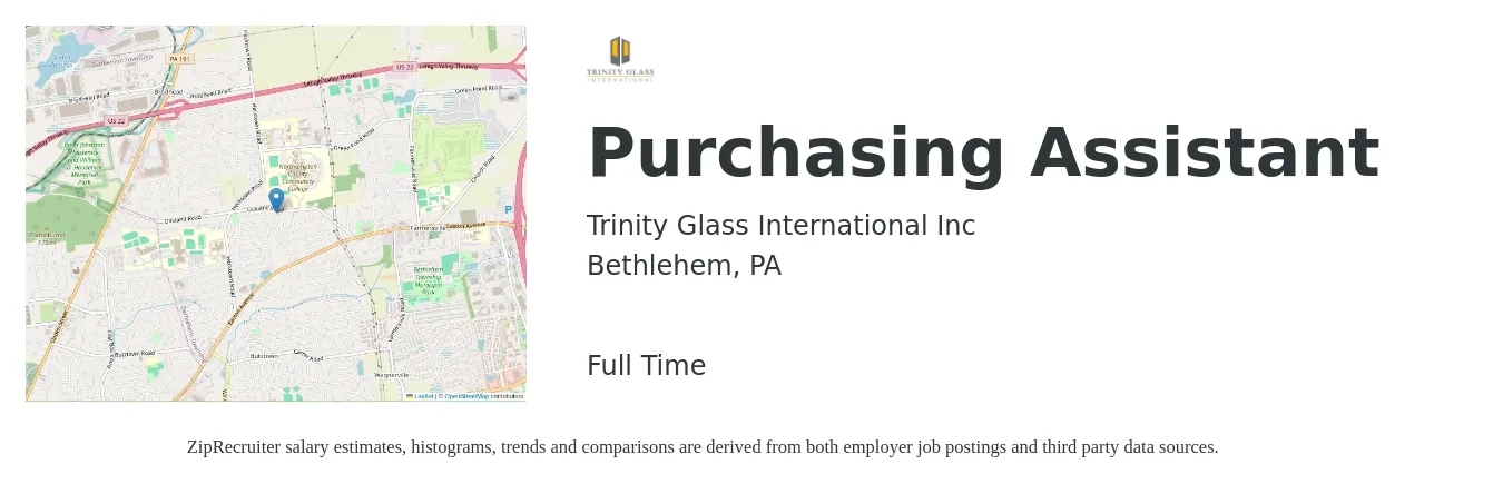 Trinity Glass International Inc job posting for a Purchasing Assistant in Bethlehem, PA with a salary of $19 to $24 Hourly with a map of Bethlehem location.
