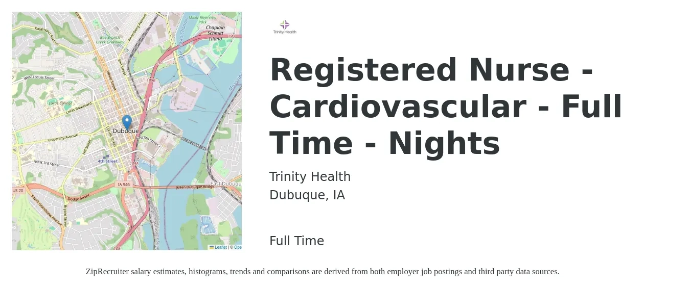 Trinity Health job posting for a Registered Nurse - Cardiovascular - Full Time - Nights in Dubuque, IA with a salary of $15,000 Monthly with a map of Dubuque location.