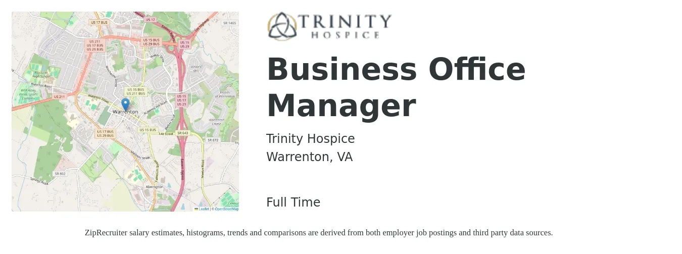 Trinity Hospice job posting for a Business Office Manager in Warrenton, VA with a salary of $24 to $34 Hourly with a map of Warrenton location.
