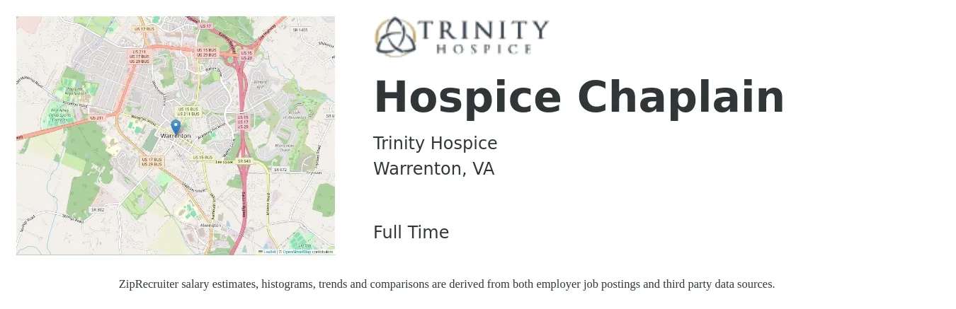 Trinity Hospice job posting for a Hospice Chaplain in Warrenton, VA with a salary of $26 to $36 Hourly with a map of Warrenton location.