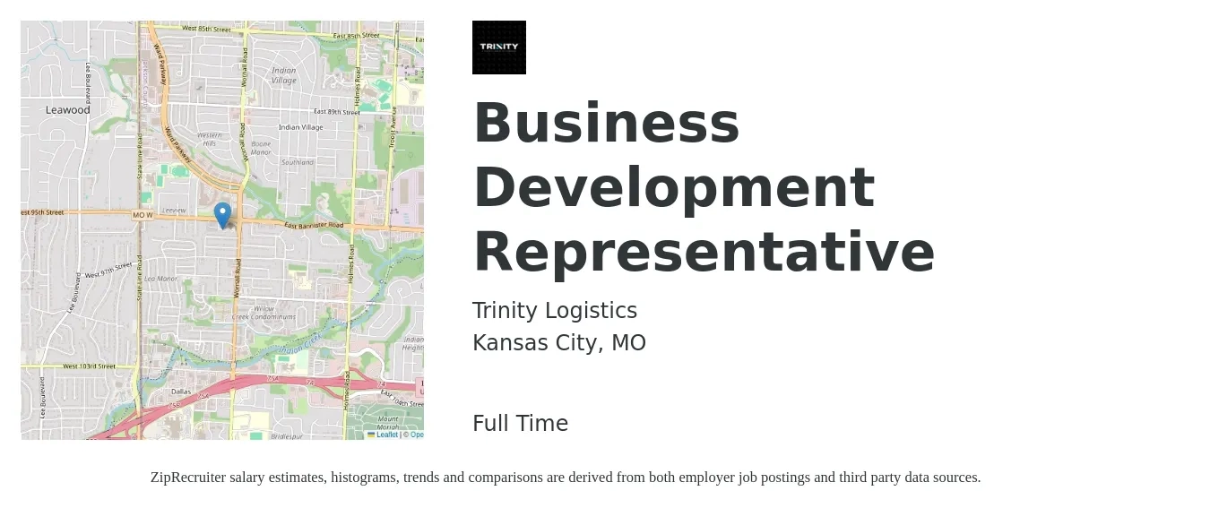 Trinity Logistics job posting for a Business Development Representative in Kansas City, MO with a salary of $43,900 to $68,300 Yearly with a map of Kansas City location.