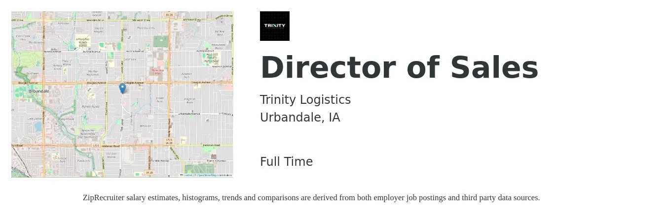 Trinity Logistics job posting for a Director of Sales in Urbandale, IA with a salary of $66,700 to $118,300 Yearly with a map of Urbandale location.