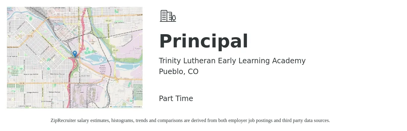 Trinity Lutheran Early Learning Academy job posting for a Principal in Pueblo, CO with a salary of $83,500 to $122,800 Yearly with a map of Pueblo location.