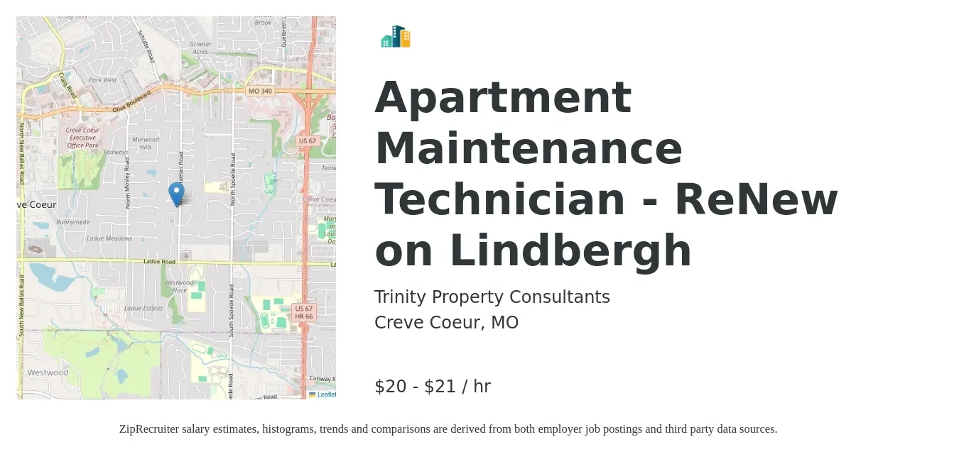 Trinity Property Consultants job posting for a Apartment Maintenance Technician - ReNew on Lindbergh in Creve Coeur, MO with a salary of $21 to $22 Hourly with a map of Creve Coeur location.
