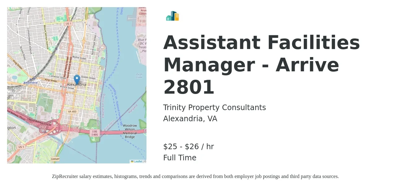 Trinity Property Consultants job posting for a Assistant Facilities Manager - Arrive 2801 in Alexandria, VA with a salary of $26 to $28 Hourly with a map of Alexandria location.
