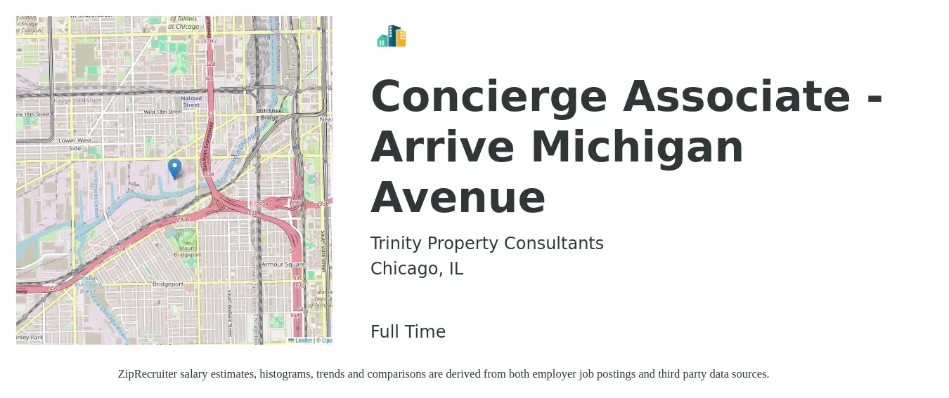 Trinity Property Consultants job posting for a Concierge Associate - Arrive Michigan Avenue in Chicago, IL with a salary of $22 to $24 Hourly with a map of Chicago location.