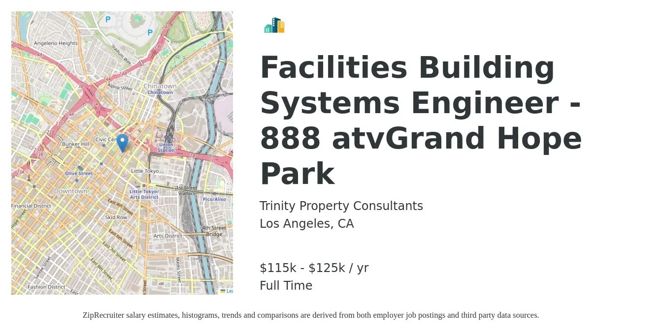 Trinity Property Consultants job posting for a Facilities Building Systems Engineer - 888 atvGrand Hope Park in Los Angeles, CA with a salary of $115,000 to $125,000 Yearly with a map of Los Angeles location.