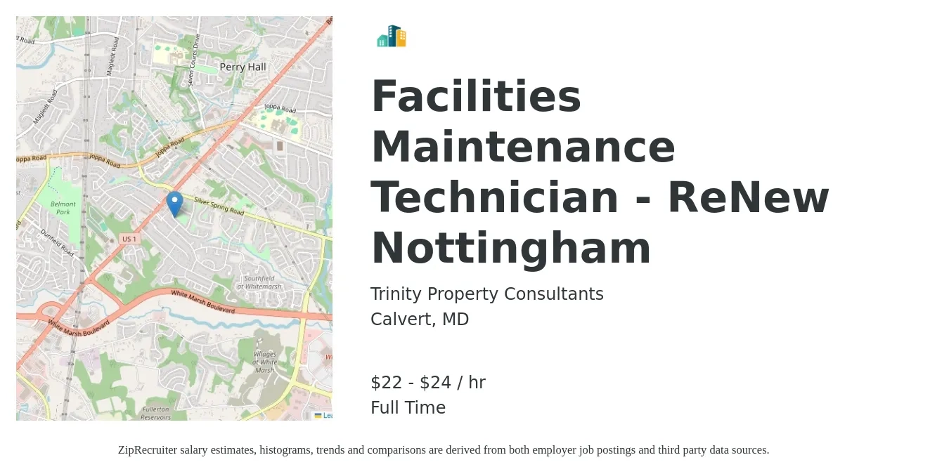 Trinity Property Consultants job posting for a Facilities Maintenance Technician - ReNew Nottingham in Calvert, MD with a salary of $23 to $25 Hourly with a map of Calvert location.