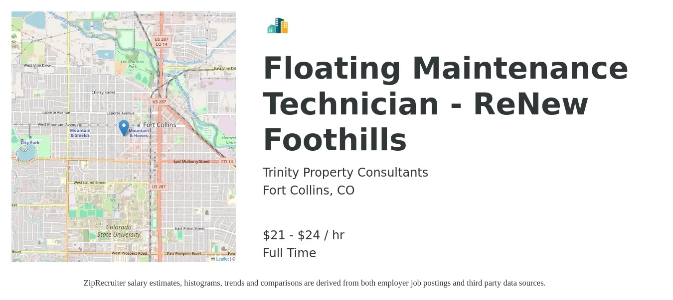 Trinity Property Consultants job posting for a Floating Maintenance Technician - ReNew Foothills in Fort Collins, CO with a salary of $22 to $25 Hourly with a map of Fort Collins location.