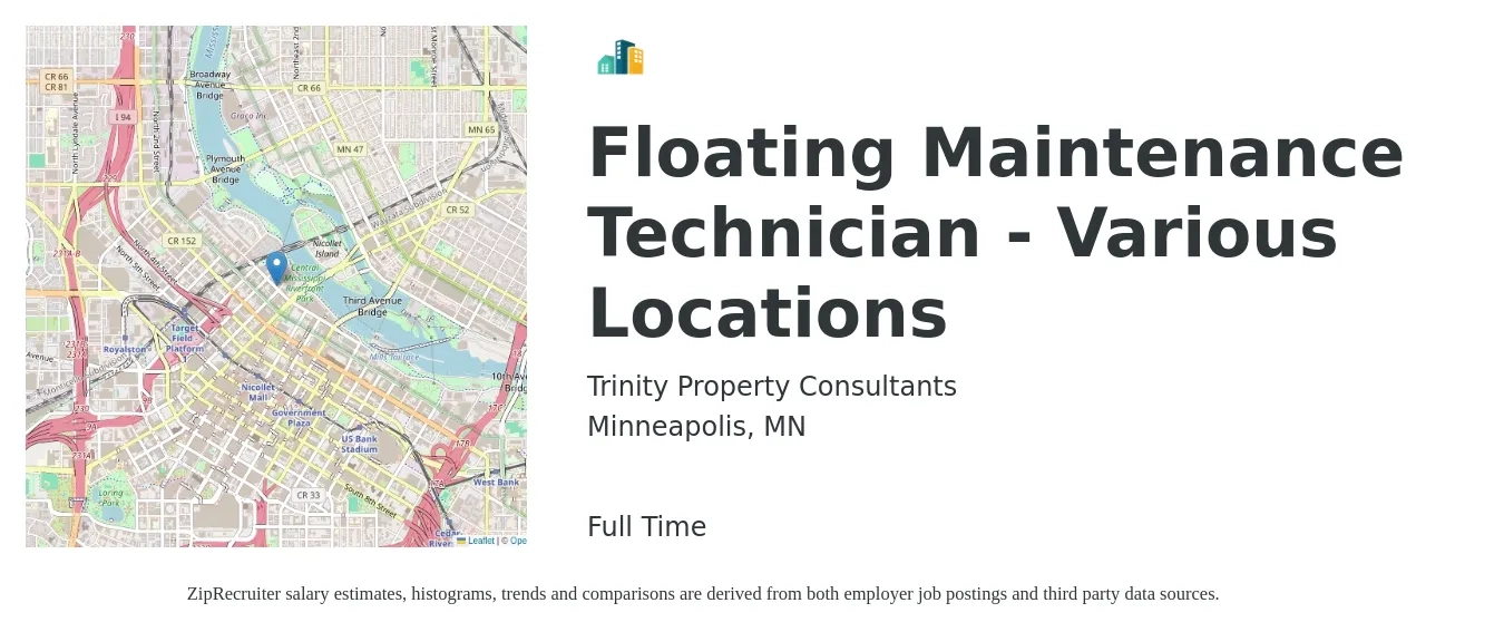 Trinity Property Consultants job posting for a Floating Maintenance Technician - Various Locations in Minneapolis, MN with a salary of $23 to $25 Hourly with a map of Minneapolis location.