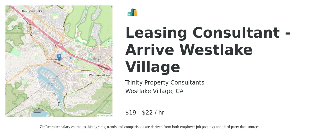 Trinity Property Consultants job posting for a Leasing Consultant - Arrive Westlake Village in Westlake Village, CA with a salary of $20 to $23 Hourly with a map of Westlake Village location.