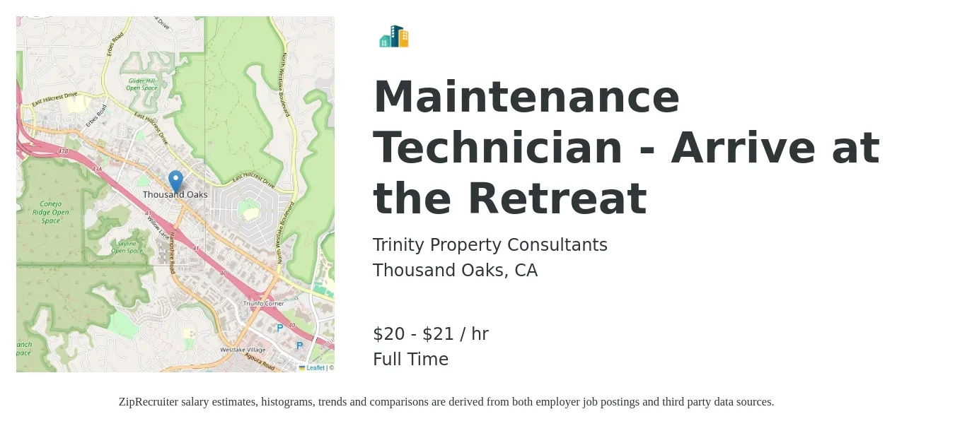 Trinity Property Consultants job posting for a Maintenance Technician - Arrive at the Retreat in Thousand Oaks, CA with a salary of $21 to $22 Hourly with a map of Thousand Oaks location.
