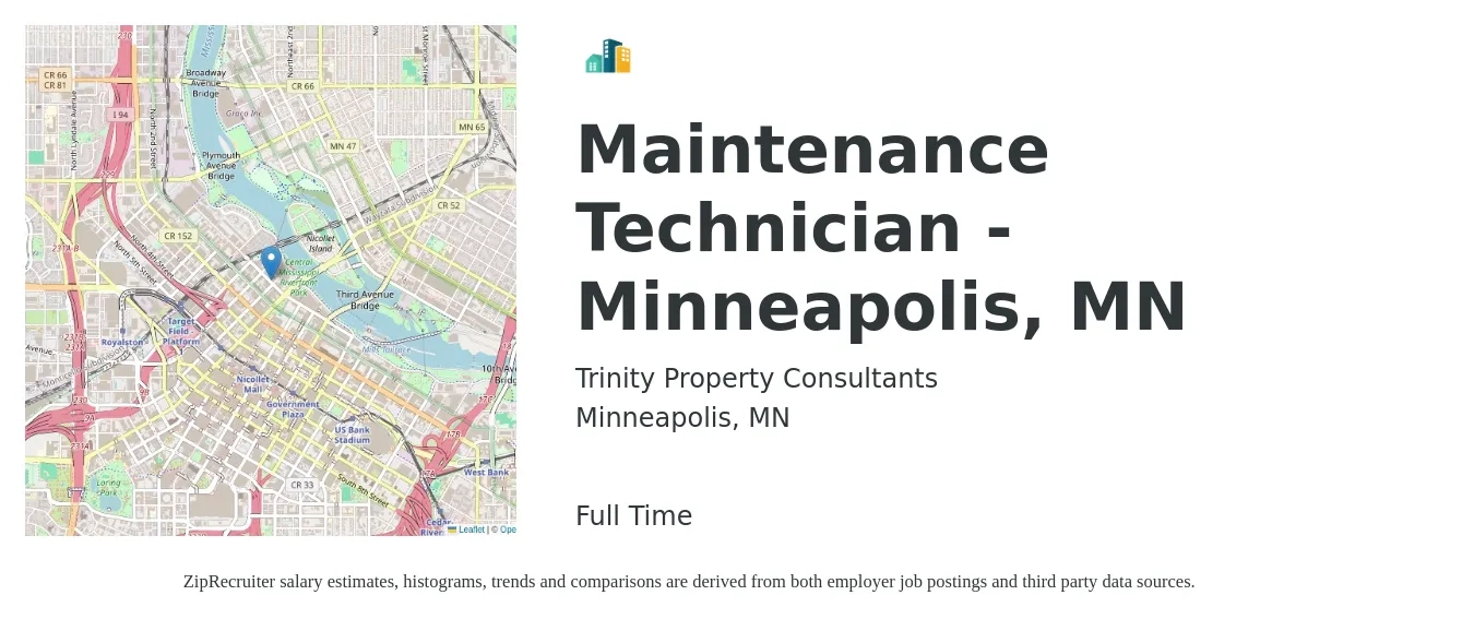 Trinity Property Consultants job posting for a Maintenance Technician - Minneapolis, MN in Minneapolis, MN with a salary of $23 to $26 Hourly with a map of Minneapolis location.