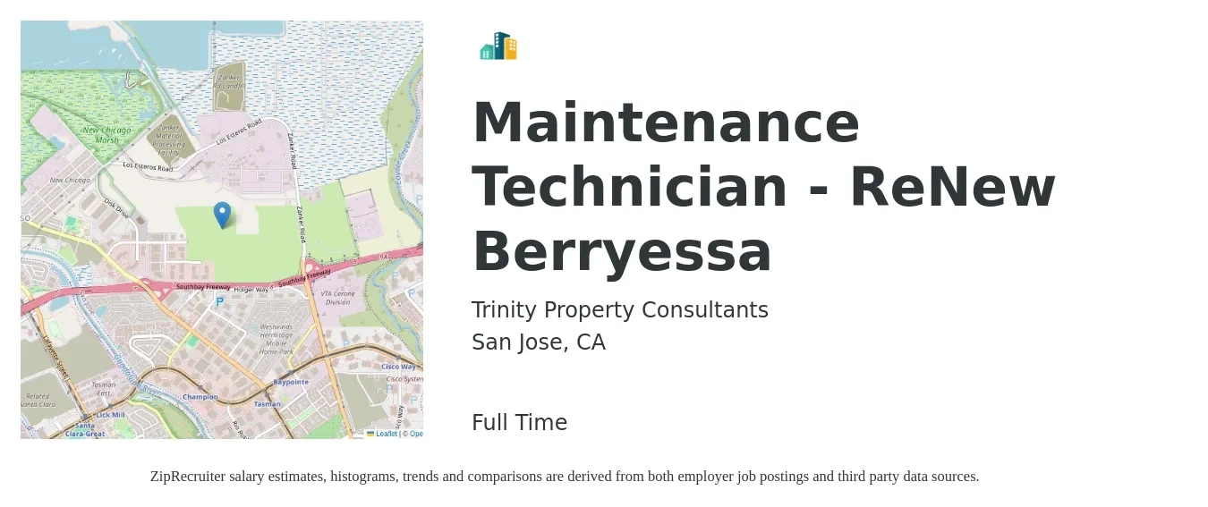 Trinity Property Consultants job posting for a Maintenance Technician - ReNew Berryessa in San Jose, CA with a salary of $25 to $28 Hourly with a map of San Jose location.