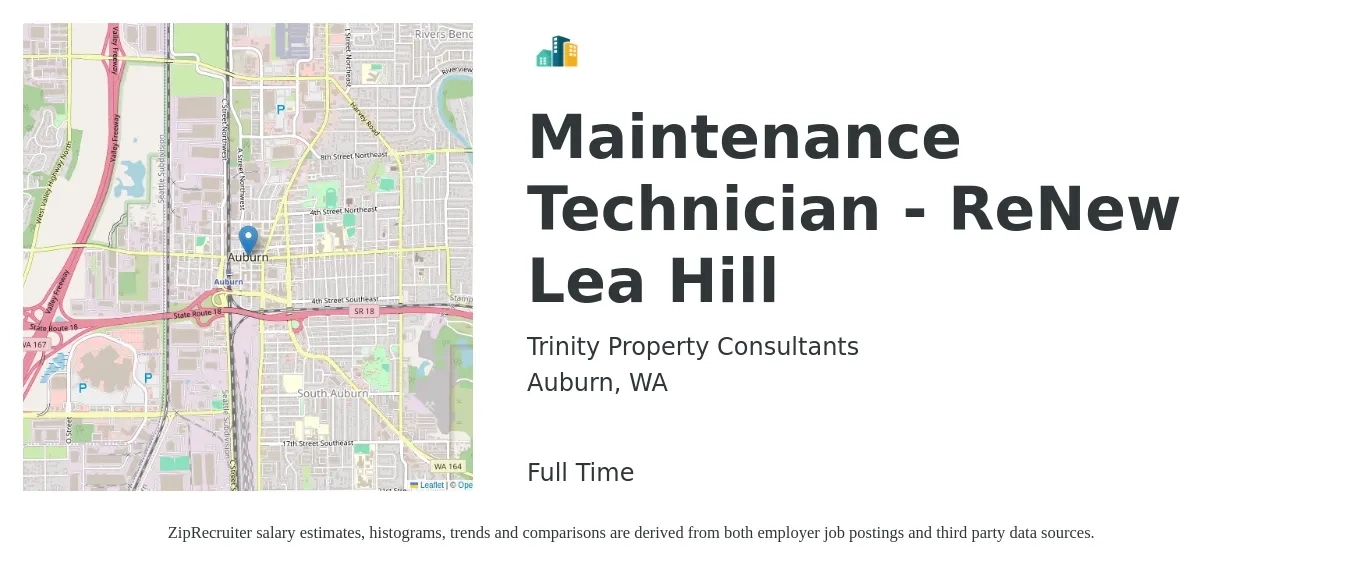 Trinity Property Consultants job posting for a Maintenance Technician - ReNew Lea Hill in Auburn, WA with a salary of $25 to $28 Hourly with a map of Auburn location.