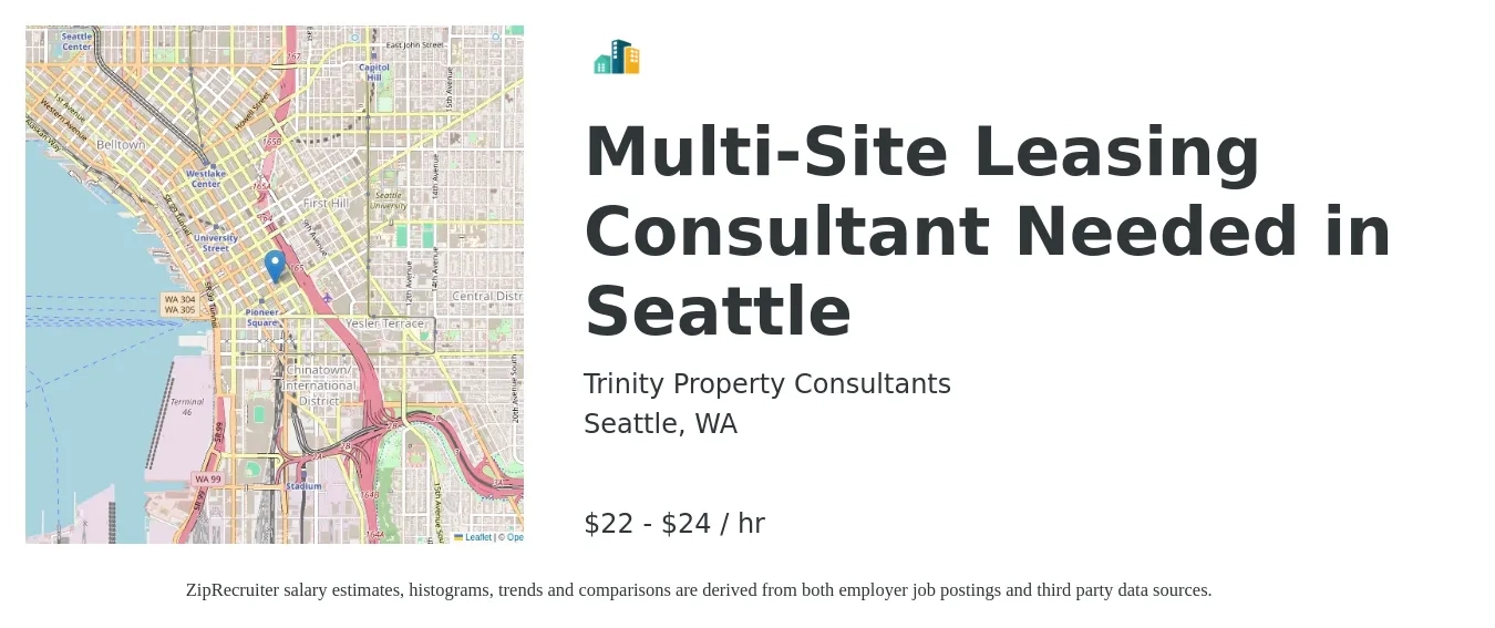 Trinity Property Consultants job posting for a Multi-Site Leasing Consultant Needed in Seattle in Seattle, WA with a salary of $23 to $25 Hourly with a map of Seattle location.