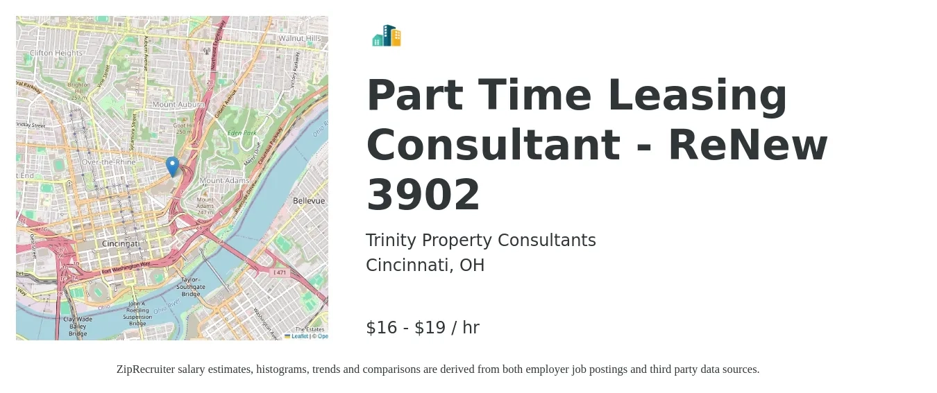 Trinity Property Consultants job posting for a Part Time Leasing Consultant - ReNew 3902 in Cincinnati, OH with a salary of $17 to $20 Hourly with a map of Cincinnati location.