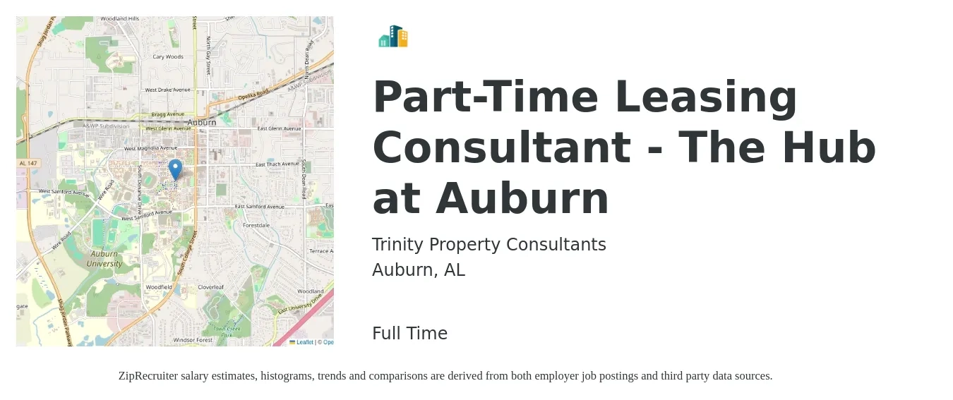 Trinity Property Consultants job posting for a Part-Time Leasing Consultant - The Hub at Auburn in Auburn, AL with a salary of $11 to $13 Hourly with a map of Auburn location.