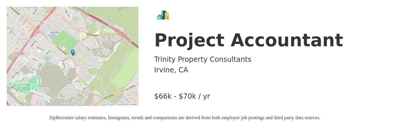 Trinity Property Consultants job posting for a Project Accountant in Irvine, CA with a salary of $66,560 to $70,000 Yearly with a map of Irvine location.