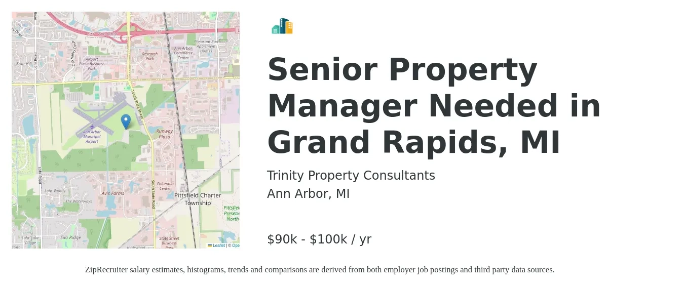 Trinity Property Consultants job posting for a Senior Property Manager Needed in Grand Rapids, MI in Ann Arbor, MI with a salary of $90,000 to $100,000 Yearly with a map of Ann Arbor location.