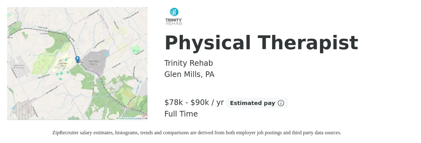 Trinity Rehab job posting for a Physical Therapist in Glen Mills, PA with a salary of $78,000 to $90,000 Yearly with a map of Glen Mills location.