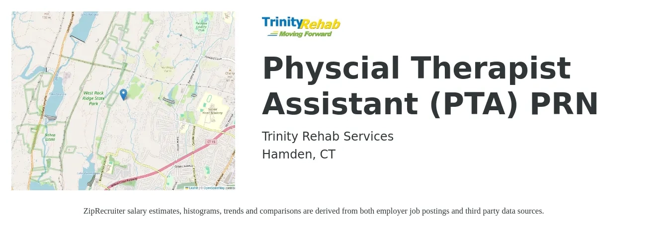 Trinity Rehab Services job posting for a Physcial Therapist Assistant (PTA) PRN in Hamden, CT with a salary of $28 to $37 Hourly with a map of Hamden location.