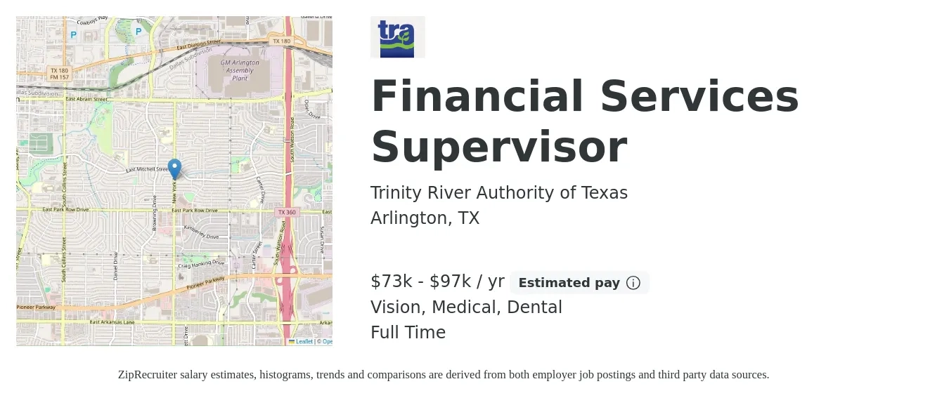Trinity River Authority of Texas job posting for a Financial Services Supervisor in Arlington, TX with a salary of $73,245 to $97,660 Yearly and benefits including vision, dental, life_insurance, and medical with a map of Arlington location.