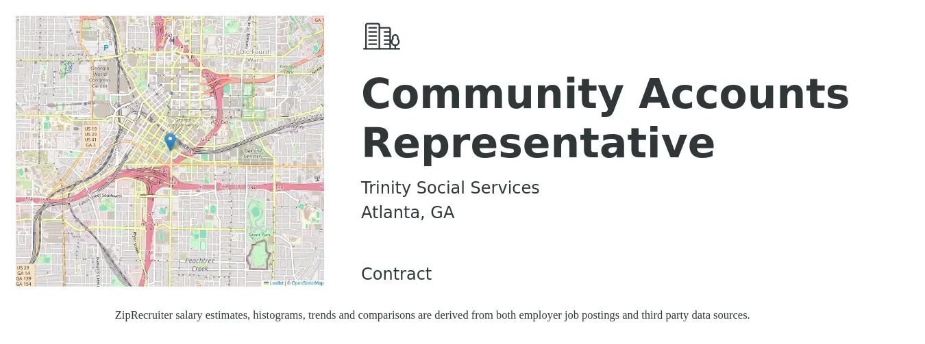 Trinity Social Services job posting for a Community Accounts Representative in Atlanta, GA with a salary of $18 to $22 Hourly with a map of Atlanta location.