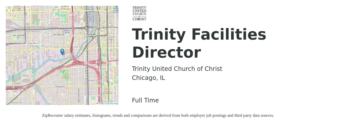 Trinity United Church of Christ job posting for a Trinity Facilities Director in Chicago, IL with a salary of $94,800 to $208,300 Yearly with a map of Chicago location.
