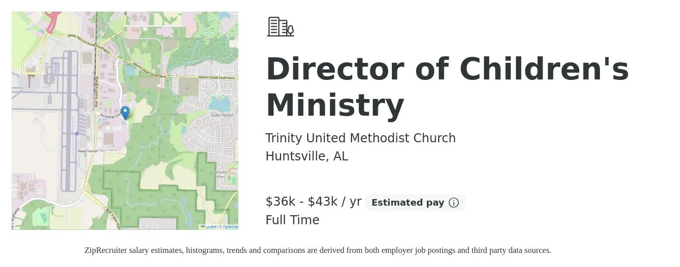 Trinity United Methodist Church job posting for a Director of Children's Ministry in Huntsville, AL with a salary of $36,000 to $43,000 Yearly with a map of Huntsville location.